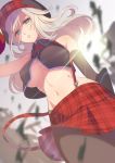  1girl alisa_ilinichina_amiella bare_shoulders blue_eyes breasts cabbie_hat closed_mouth commentary_request crop_top elbow_gloves gloves god_eater god_eater_2:_rage_burst god_eater_burst hat kokouno_oyazi large_breasts long_hair navel pantyhose plaid plaid_skirt silver_hair skirt stomach sunlight suspender_skirt suspenders under_boob 