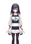  arms_at_sides azutarou black-framed_eyewear black_hair black_legwear blue_eyes id_card jacket lanyard long_hair original pantyhose shirt smile standing striped striped_shirt virtual_youtuber white_background white_jacket 