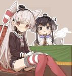 2girls amatsukaze_(kantai_collection) anchor_symbol black_hair book brown_background brown_dress brown_eyes cat chair commentary_request cup dress garter_straps gloves gradient_hair hair_tubes hat kantai_collection long_hair mini_hat monaka_ooji mug multicolored_hair multiple_girls red_legwear sailor_dress short_dress short_hair short_hair_with_long_locks sidelocks silver_hair simple_background single_glove sitting steam striped striped_legwear table thigh-highs tokitsukaze_(kantai_collection) two_side_up windsock 