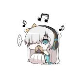  ... 1girl anastasia_(fate/grand_order) bangs beamed_eighth_notes blue_cloak blue_eyes chibi cloak commentary_request covered_mouth crown dress eighth_note eyebrows_visible_through_hair fate/grand_order fate_(series) full_body hair_over_one_eye headphones light_brown_hair long_hair looking_at_viewer mini_crown musical_note nenosame royal_robe shadow silver_hair sitting solo spoken_ellipsis very_long_hair white_background white_dress 