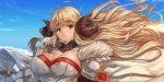  1girl ahoge anila_(granblue_fantasy) bangs blonde_hair blue_sky blunt_bangs blush breasts cape cleavage closed_mouth clouds draph eba_uenihane eyebrows eyebrows_visible_through_hair fur_trim gloves granblue_fantasy hand_up horns large_breasts lips long_hair looking_at_viewer sheep_horns short_eyebrows sky smile solo thick_eyebrows upper_body very_long_hair white_gloves yellow_eyes 