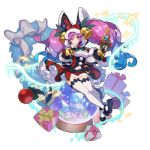  1girl artist_request box castle cleo_(dragalia_lost) dagger dragalia_lost gift gift_box gradient_hair hood long_hair looking_at_viewer midriff_cutout multicolored_hair non-web_source official_art pink_hair purple_hair ribbon santa_costume snow_globe solo thigh-highs twintails violet_eyes weapon 