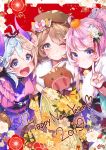  2019 3girls animal bangs blonde_hair blue_eyes blue_hair blush boar breasts brown_hair chinese_zodiac fingerless_gloves floral_print flower gloves hair_flower hair_ornament highres horns japanese_clothes kanola_u kimono long_hair long_sleeves looking_at_viewer multicolored_hair multiple_girls new_year obi one_eye_closed open_mouth original pink_hair sash smile two-tone_hair v wide_sleeves year_of_the_pig 