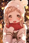  1girl :d artist_name bangs beanie black_shirt blonde_hair blurry blush bokeh brown_eyes coat depth_of_field duffel_coat enpera hand_up hat highres idolmaster idolmaster_shiny_colors long_hair long_sleeves looking_at_viewer mittens open_clothes open_coat open_mouth red_scarf sakuragi_mano scarf shiratama_akane shirt sidelocks smile solo sweater tareme twitter_username upper_body white_coat white_hat white_mittens winter_clothes 