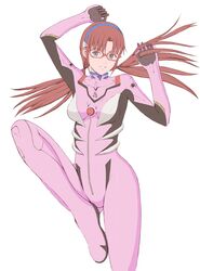  1girl absurdres blue_eyes blue_hairband bodysuit breasts brown_hair eyebrows_visible_through_hair from_above glasses hairband highres leg_up long_hair looking_at_viewer lying makinami_mari_illustrious medium_breasts neon_genesis_evangelion on_back pink_bodysuit plugsuit popo_agaga rebuild_of_evangelion red-framed_eyewear simple_background solo twintails white_background 