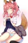  1girl :3 animal_ear_fluff animal_ears bangs black_legwear black_ribbon blue_skirt blush bow bowtie breasts brown_jacket closed_mouth clothes_around_waist collared_shirt double_v eyebrows_visible_through_hair fate/grand_order fate_(series) fox_ears fox_tail gradient gradient_background hair_between_eyes hair_ribbon hands_up head_tilt highres jacket jacket_around_waist kneehighs large_breasts long_hair long_sleeves looking_at_viewer miniskirt panties pink_hair pleated_skirt red_neckwear ribbon school_uniform shadow shirt shirt_tucked_in short_sleeves sidelocks sitting skirt skirt_lift solo striped striped_neckwear striped_panties tail tamamo_(fate)_(all) tamamo_cat_(fate) twintails underwear v wariza white_background white_panties white_shirt yellow_eyes yuano 