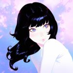  1girl black_hair blush closed_mouth eyeshadow floating_hair grey_sweater ilya_kuvshinov long_hair makeup original pink_lips purple_background smile solo sweater upper_body violet_eyes 