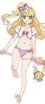  1girl akinbo_(hyouka_fuyou) asahina_mirai bangs barefoot blonde_hair bow bracelet broom broom_riding collarbone cure_miracle floating_hair full_body hair_bow hairband hat highres jewelry leg_up long_hair looking_at_viewer mahou_girls_precure! navel pink_bikini_bottom pink_hairband pink_hat precure red_bow short_sleeves side_ponytail simple_background sketch smile soles solo thighlet very_long_hair violet_eyes white_background white_bikini_top witch_hat 