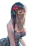  1girl bangs black_eyes black_hair bow_(bhp) breasts cleavage closed_mouth commentary_request expressionless flower hair_flower hair_ornament large_breasts lingerie negligee original red_flower simple_background sketch solo underwear upper_body veil white_background 