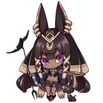 1girl animal_ears ankh anubis belt big_hair bike_shorts black_hair boots chibi dog earpiece earrings eyebrows_visible_through_hair hair_tubes jewelry long_hair looking_at_viewer navel original parted_lips solo standing transparent_background violet_eyes westxost_(68monkey) 
