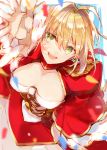  1girl ahoge arm_at_side breasts cleavage corset dutch_angle epaulettes fate/grand_order fate_(series) from_above fukuda935 green_eyes hair_between_eyes hair_intakes juliet_sleeves large_breasts long_sleeves looking_at_viewer nero_claudius_(fate) nero_claudius_(fate)_(all) outstretched_hand petals puffy_sleeves smile solo wide_sleeves 