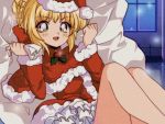  1girl 90s :d blonde_hair braid capelet christmas clenched_hands commentary crown_braid dress english_commentary eyebrows_visible_through_hair fate/extra fate/grand_order fate_(series) fur-trimmed_capelet fur-trimmed_dress fur-trimmed_hat fur_trim green_eyes hair_ribbon hands_up hat highres indoors komi_shou looking_at_viewer nero_claudius_(fate) nero_claudius_(fate)_(all) night open_mouth padoru pom_pom_(clothes) red_capelet red_dress red_hat red_ribbon ribbon saber_extra sack santa_costume santa_hat smile solo takeuchi_naoko_(style) window 