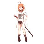  1girl :d ahoge bangs blush boots breasts brown_footwear brown_hair brown_shorts clothes_writing collarbone cross-laced_footwear eyebrows_visible_through_hair fang full_body hair_between_eyes hand_on_hilt hand_on_hip highres jacket katana lace-up_boots long_hair looking_at_viewer open_clothes open_jacket open_mouth original sheath sheathed shibakame shirt short_shorts shorts simple_background sleeves_rolled_up small_breasts smile solo standing sword translated violet_eyes weapon white_background white_jacket white_shirt 
