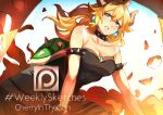  1girl bare_shoulders black_collar black_dress blonde_hair blue_earrings blue_eyes bowsette breasts cherry_in_the_sun collar commentary crown dress earrings english_commentary genderswap horns jewelry long_hair super_mario_bros. medium_breasts nintendo parted_lips patreon_logo pointy_ears sharp_teeth skirt solo spiked_armlet spiked_collar spiked_shell spikes strapless strapless_dress super_crown super_mario_bros. teeth turtle_shell 