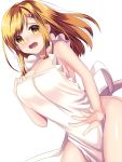  1girl apron bangs bare_arms bare_shoulders breasts cleavage dutch_angle furrowed_eyebrows groin hair_ornament hairclip hakusai_ponzu hand_up large_breasts long_hair looking_at_viewer naked_apron open_mouth orange_hair original simple_background solo straight_hair white_apron white_background yellow_eyes 