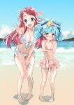  2girls absurdres barefoot beach bikini bikini_skirt blue_hair breasts cleavage front-tie_top fujisaki_ribbon full_body hair_ornament hair_ribbon highres hoshikawa_lily leaning_forward long_hair looking_at_viewer looking_to_the_side medium_breasts minamoto_sakura multicolored multicolored_ribbon multiple_girls outdoors pink_bikini red_eyes redhead ribbon side-tie_bikini smile standing star star_hair_ornament swimsuit thick_eyebrows twintails v waves zombie_land_saga 