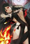  1girl absurdres bangs black_dress black_hair breasts center_opening choker closed_mouth collarbone commentary_request consort_yu_(fate) dress earrings fate/grand_order fate_(series) fire flame fur_trim highres jewelry large_breasts long_hair looking_at_viewer medium_breasts mer moon navel red_eyes solo strapless strapless_dress sword very_long_hair weapon 