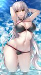  ahoge arms_behind_head bangs beeyan bikini black_bikini black_choker breasts choker cleavage clouds cloudy_sky commentary_request cowboy_shot day eyebrows_visible_through_hair fate/grand_order fate_(series) hair_between_eyes highres jeanne_d&#039;arc_(alter_swimsuit_berserker) jeanne_d&#039;arc_(fate)_(all) large_breasts light_rays long_hair navel o-ring o-ring_bikini o-ring_bottom o-ring_top ocean open_mouth outdoors shiny shiny_skin silver_hair sky standing sunbeam sunlight swimsuit yellow_eyes 