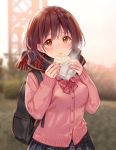  1girl backpack bag bangs baozi black_skirt blurry blurry_background blush breasts brown_eyes brown_hair commentary_request depth_of_field eyebrows_visible_through_hair food food_on_face fringe_trim fukahire_(ruinon) holding holding_food looking_at_viewer original outdoors parted_lips pink_cardigan plaid plaid_scarf plaid_skirt pleated_skirt scarf skirt small_breasts solo sunset 