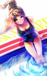  1girl arm_up asahina_aoi bare_shoulders blue_eyes brown_hair dangan_ronpa highres looking_at_viewer pool sitting smile solo suzuki_(szk0727) swimsuit water 