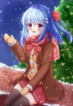  1girl :d bangs blue_hair blush bow breath brick_wall brown_coat brown_legwear brown_mittens christmas christmas_ornaments christmas_tree coat commentary_request duffel_coat eyebrows_visible_through_hair fang hair_between_eyes hair_bow hair_ornament hairclip hand_up kedama_(kedama_akaza) long_hair long_sleeves mittens one_side_up open_clothes open_coat open_mouth original pink_scarf plaid plaid_scarf red_bow red_skirt scarf sitting skirt smile snow snowing solo sweater_vest thigh-highs violet_eyes winter 