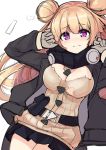  1girl absurdres belt belt_pouch black_scarf black_skirt blonde_hair blush breasts double_bun facing_viewer flustered girls_frontline gloves green_jacket hair_bun highres hk23_(girls_frontline) jacket large_breasts long_hair miniskirt ohshit pouch scarf side_bun skirt sweater torn_clothes violet_eyes white_background yellow_sweater 
