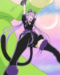  1girl :d ^_^ animal_ears arms_up bangs bell bell_choker black_gloves black_legwear cat_ears cat_tail choker closed_eyes closed_eyes eyebrows_visible_through_hair fake_animal_ears gloves hairband happy haruyama_kazunori hugtto!_precure lavender_hair long_hair low_twintails open_mouth precure red_choker ruru_amour short_sleeves smile solo tail thigh-highs twintails whisker_markings yellow_hairband 