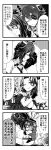  3girls 4koma anger_vein bare_shoulders chibi closed_eyes comic eyepatch finger_to_cheek flat_cap fur_trim gloves greyscale hat headgear kantai_collection long_hair mechanical_halo messy_hair monochrome multiple_girls neckerchief necktie pantyhose partly_fingerless_gloves pout remodel_(kantai_collection) school_uniform serafuku short_hair sleeveless speech_bubble sweatdrop tatsuta_(kantai_collection) tenryuu_(kantai_collection) teruui 