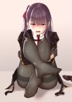  1girl absurdres ass bangs beige_background black_gloves black_jacket black_legwear blunt_bangs blush c.rabbit eyebrows_visible_through_hair feet full_body girls_frontline gloves hair_ribbon highres jacket knees_up leg_hug long_hair long_sleeves looking_at_viewer necktie no_shoes one_side_up open_mouth pantyhose pink_eyes purple_hair red_neckwear red_ribbon ribbon scowl shiny shiny_clothes shirt shoes_removed sitting solo thighband_pantyhose toes wa2000_(girls_frontline) white_shirt 