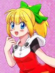  1girl :d blonde_hair blue_eyes blush bow breasts dress hair_bow high_ponytail hood hood_down hooded_dress inowensand long_hair open_mouth ponytail ribbon rockman rockman_(classic) rockman_11 roll sidelocks small_breasts smile solo 