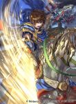  1boy angry armor attack attacking_viewer blue_cape brown_eyes brown_hair cape castle clouds cloudy_sky dragon dual_wielding falling fire_emblem fire_emblem:_seisen_no_keifu fire_emblem:_thracia_776 fire_emblem_cipher fortress gem holding holding_spear holding_sword holding_weapon horse horseback_riding leaf_(fire_emblem) lightning male_focus nintendo official_art open_mouth polearm riding serious short_hair shoulder_armor sky solo spear suzuki_rika sword teeth weapon white_armor white_horse wyvern 