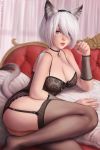  1girl absurdres alternate_costume animal_ears ass bell black_hairband blue_eyes breasts choker cleavage clenched_hand couch dated garter_straps hair_over_one_eye hairband highres jingle_bell kemonomimi_mode lips looking_at_viewer maid mole mole_under_eye nier_(series) nier_automata paid_reward parted_lips patreon_reward paw_pose sciamano240 short_hair signature sitting solo white_hair yorha_no._2_type_b 