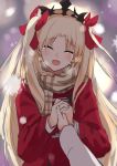  1girl :d blonde_hair bow brown_scarf closed_eyes coat crying diadem ereshkigal_(fate/grand_order) fate/grand_order fate_(series) floating_hair hair_bow hand_holding head_tilt highres igakusei long_hair long_sleeves open_mouth red_bow red_coat scarf sketch smile snowing tears twintails very_long_hair winter_clothes winter_coat 