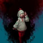  1girl bangs closed_mouth copyright_request hand_up hood hood_up hoodie horror_(theme) inishie_kumo looking_at_viewer neck_ribbon pantyhose red_eyes red_legwear red_neckwear red_ribbon ribbon solo standing torn_clothes torn_sleeves white_hair 