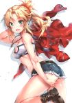  1girl :d absurdres ass bare_shoulders belt blonde_hair blush cleavage_cutout cutoffs denim denim_shorts fate/apocrypha fate_(series) green_eyes highres jacket mordred_(fate) mordred_(fate)_(all) open_mouth ponytail riichu scan shorts smile solo white_background 