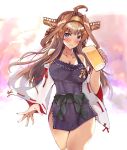  1girl ahoge alcohol apron bangs beer beer_mug blush breasts brown_hair cleavage collarbone cup detached_sleeves double_bun eriyama_(user_csua4255) eyebrows_visible_through_hair froth hairband headgear highres holding holding_cup kantai_collection kongou_(kantai_collection) long_hair nontraditional_miko open_mouth see-through_silhouette sidelocks spilling violet_eyes 