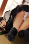  1girl ass black_hair black_legwear black_skirt blurry blurry_background blush brown_eyes closed_mouth commentary_request depth_of_field dutch_angle highres indoors kneehighs looking_at_viewer matsunaga_kouyou no_shoes nose_blush original panties pleated_skirt polka_dot polka_dot_panties shirt skirt soles solo tatami top-down_bottom-up underwear white_panties white_shirt 