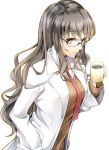  1girl bangs breasts brown_eyes brown_hair coffee collared_shirt cup eyebrows_visible_through_hair from_side futaba_rio glasses hand_in_pocket holding holding_cup imo_(evekelu-111) labcoat large_breasts long_hair open_clothes parted_lips red_neckwear school_uniform seishun_buta_yarou shirt solo 