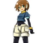  1girl aile bodysuit breasts brown_hair commentary_request gloves green_eyes looking_at_viewer robot_ears rockman rockman_zx shin_ala short_hair shorts skin_tight smile solo spandex 