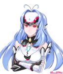  1girl absurdres android bare_shoulders blue_hair breasts crossed_arms elbow_gloves forehead_protector gloves grimmelsdathird highres kos-mos kos-mos_re: leotard long_hair looking_at_viewer nintendo red_eyes solo very_long_hair xenoblade_(series) xenoblade_2 xenosaga 