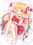  1girl ;o absurdres animal_ears ascot barefoot bed_sheet blonde_hair bloomers blush cat_ears cat_tail crystal diagonal_stripes eyebrows_visible_through_hair flandre_scarlet flower frilled_ascot frilled_shirt_collar frills from_above full_body hair_ribbon heart highres kemonomimi_mode knees_up long_hair looking_at_viewer lying mimi_(mimi_puru) nail_art nail_polish no_hat no_headwear on_back one_eye_closed paw_pose paw_print pigeon-toed pillow pink_nails puffy_short_sleeves puffy_sleeves red_eyes red_ribbon ribbon short_sleeves side_ponytail skirt skirt_set solo striped tail tail_ribbon toenail_polish touhou underwear wings wrist_cuffs yellow_neckwear 