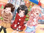 3girls bang_dream! black_hair blush christmas christmas_tree crying hazawa_tsugumi jacket mitake_ran official_art ornament red_eyes short_hair street uehara_himari younger