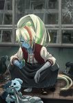  1girl bandage bird biting blonde_hair broken_window collar dog facial_scar fangs geruanata0301 hair_over_one_eye handheld_game_console jacket letterman_jacket long_hair looking_at_viewer multicolored_hair nikaidou_saki ponytail rags romero_(zombie_land_saga) scar shoes single_shoe spiked_collar spikes streaked_hair tamagotchi tamagotchi_(toy) tiles undone_necktie v-shaped_eyebrows yellow_eyes zombie zombie_land_saga 