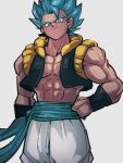  1boy arm_at_side blue_eyes blue_hair closed_mouth commentary dragon_ball dragon_ball_super gogeta hand_on_hip kemachiku light_smile looking_at_viewer male_focus metamoran_vest muscular muscular_male pants sash solo standing super_saiyan super_saiyan_blue white_pants 