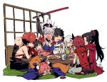  4boys 5girls :d animal_ears baby black_hair blush breasts cleavage closed_eyes emiya_shirou fate/grand_order fate_(series) floral_print food fox_ears fox_tail fruit fujimaru_ritsuka_(male) fuuma_kotarou_(fate/grand_order) grey_hair grey_jacket hair_between_eyes hand_up holding holding_sword holding_weapon horns imigimuru jacket japanese_clothes katana kimono kiyohime_(fate/grand_order) kotatsu large_breasts limited/zero_over mandarin_orange miyamoto_musashi_(fate/grand_order) multiple_boys multiple_girls multiple_tails open_mouth pillow pink_kimono ponytail purple_kimono red_scarf redhead scabbard scarf seiza sheath shirtless sitting sleeping smile sweatdrop sword table tail tamamo_(fate)_(all) tamamo_no_mae_(fate) tattoo two_tails weapon yellow_eyes 