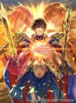 1girl 2boys armor black_coat blue_cape blue_gloves brown_eyes brown_hair cape clouds coat cuan_(fire_emblem) ethlin_(fire_emblem) father_and_son fire_emblem fire_emblem:_seisen_no_keifu fire_emblem:_thracia_776 fire_emblem_cipher gloves holding holding_spear holding_sword holding_weapon horse husband_and_wife leaf_(fire_emblem) long_hair male_focus mother_and_son multiple_boys nintendo official_art pauldrons pink_eyes pink_hair polearm ponytail short_hair shoulder_armor sidelocks solo spear sunset suzuki_rika sword weapon white_armor white_gloves 
