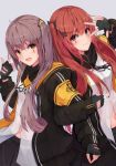  2girls :d arm_up bangs black_bow black_gloves black_jacket black_ribbon black_skirt blush bow breasts brown_eyes brown_hair closed_mouth commentary_request dress_shirt eyebrows_visible_through_hair fingerless_gloves girls_frontline gloves grey_background hachita_(odangoya) hair_between_eyes hair_bow hair_ornament hairclip highres jacket locked_arms long_sleeves multiple_girls navel neck_ribbon one_side_up open_clothes open_jacket open_mouth pleated_skirt red_eyes ribbon scar scar_across_eye shirt simple_background skirt small_breasts smile ump45_(girls_frontline) ump9_(girls_frontline) v_over_eye white_shirt 