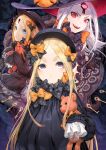  3girls :d abigail_williams_(fate/grand_order) b.c.n.y. bangs black_bow black_dress black_gloves black_hat blonde_hair blue_eyes bow bug butterfly closed_mouth commentary_request dress eyebrows_visible_through_hair fate/grand_order fate_(series) forehead gloves glowing glowing_eyes hair_bow hat hat_bow highres insect key keyhole long_hair long_sleeves looking_at_viewer multiple_girls object_hug open_mouth orange_bow pale_skin parted_bangs polka_dot polka_dot_bow red_eyes revealing_clothes sharp_teeth signature sleeves_past_fingers sleeves_past_wrists smile stuffed_animal stuffed_toy suction_cups teddy_bear teeth tentacle very_long_hair violet_eyes white_hair witch_hat 