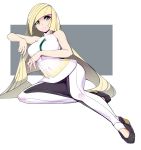  1girl black_footwear blonde_hair breasts closed_mouth covered_navel creatures_(company) erect_nipples expressionless frown game_freak high_heels highres long_hair looking_at_viewer lusamine_(pokemon) lying nintendo on_side pokemon pokemon_(game) pokemon_sm serious sitting sleeveless slugbox solo two-tone_background very_long_hair wariza yellow_eyes 