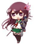  1girl :d bangs blue_jacket blush brown_hair brown_legwear cannon crescent crescent_moon_pin eyebrows_visible_through_hair floating_hair full_body green_sailor_collar green_skirt grey_footwear hair_between_eyes hair_ornament hand_up jacket kantai_collection kisaragi_(kantai_collection) long_hair long_sleeves looking_at_viewer naga_u neckerchief open_clothes open_jacket open_mouth outline pink_outline pleated_skirt red_neckwear remodel_(kantai_collection) sailor_collar school_uniform serafuku skirt smile solo standing thigh-highs torpedo_tubes turret upper_teeth very_long_hair violet_eyes white_background 